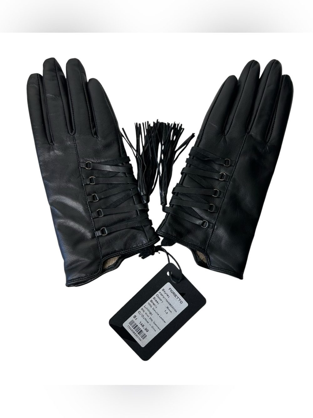 FIORETTO Women 7.5 Black Leather Lace Up Tassels Wool Cashmere Leather Gloves.